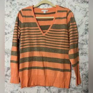 New York & Company V-Neck Sweater - Orange and Brown Stripes